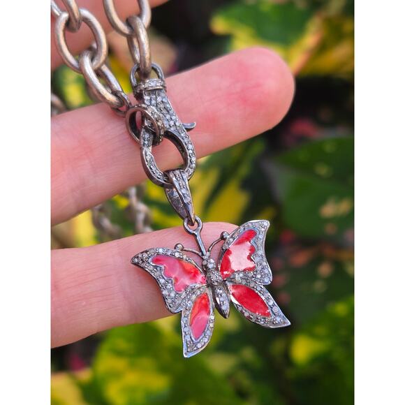 Sterling Silver Link Necklace w/Pave Diamond Clasp Red Enamel Butterfly Pendant - Picture 9 of 9